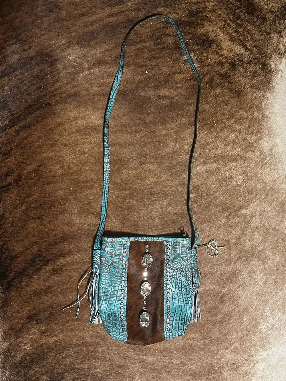 Raviani Turquoise Croc-Embossed Fringe Crossbody with Crystal Accents